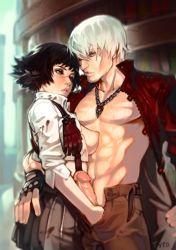 Rule 34 | 1boy, 1girl, abs, bad id, bad twitter id, black hair, black skirt, blood, blood on clothes, blood stain, blue eyes, breasts, dante (devil may cry), devil may cry, devil may cry (series), devil may cry 3, erection, facial hair, fingerless gloves, gloves, grabbing another&#039;s ass, green eyes, handjob, hetero, heterochromia, jacket, jewelry, lady (devil may cry), looking at another, manly, medium breasts, muscular, necklace, nipples, no bra, open fly, optionaltypo, parted lips, pectorals, penis, perky breasts, red jacket, scar, short hair, silver hair, skirt, stubble, suspenders, sweat, uncensored