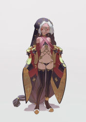 Rule 34 | 1girl, bare shoulders, black footwear, black panties, boots, detached sleeves, earrings, forehead, full body, glasses, gradient background, highres, hood, jewelry, looking at viewer, navel, neck ring, off shoulder, original, panties, parted bangs, red eyes, revealing clothes, round eyewear, shezhara, short hair, skindentation, solo, standing, stomach, string panties, thigh boots, thighhighs, thighs, underwear, white background, white hair