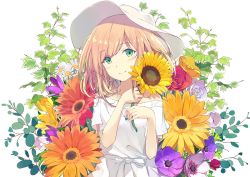 Rule 34 | 1girl, dress, flower, hat, holding, holding flower, jewelry, looking at viewer, necklace, off-shoulder dress, off shoulder, original, pink hair, simple background, solo, sunflower, sutorora, upper body, white background, white dress, white hat
