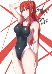 Rule 34 | 1girl, arm up, black one-piece swimsuit, blush, breasts, cleavage, collarbone, commentary request, competition swimsuit, covered navel, earrings, hand on own head, hand on own thigh, highres, jewelry, large breasts, long hair, one-piece swimsuit, original, ponytail, red eyes, red hair, showhey!!, sidelocks, solo, standing, swimsuit, thighs