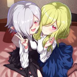 Rule 34 | 2girls, bed, black dress, black nails, black ribbon, black socks, blonde hair, blue skirt, blush, breast press, breasts, brown pantyhose, closed mouth, demon girl, dress, embarrassed, face-to-face, fang, female focus, from above, from side, full body, grey hair, hair over one eye, half-closed eye, hand up, hug, indoors, jashin-chan dropkick, kneehighs, kneeling, large breasts, long hair, long sleeves, looking at viewer, looking to the side, looking up, mature female, mother and daughter, multiple girls, mumyou ishi, nail polish, naughty face, neck ribbon, on bed, open mouth, pantyhose, persephone (jashin-chan dropkick), persephone ii, pointy ears, red eyes, ribbon, shirt, short hair, skirt, small breasts, smile, socks, tongue, v, white shirt