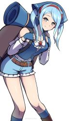 Rule 34 | 1girl, backpack, bag, bandana, bare shoulders, belt, blue gloves, blue hair, blue shorts, breasts, buttons, closed mouth, fingerless gloves, fire emblem, fire emblem fates, fire emblem heroes, flora (fire emblem), gloves, grey eyes, highres, leaning forward, long sleeves, looking at viewer, medium breasts, nintendo, phiphi-au-thon, shorts, simple background, smile, solo, standing, twintails, twitter username, white background