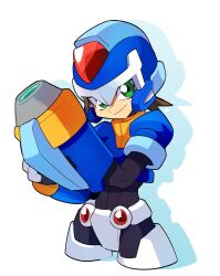 Rule 34 | 1boy, arm cannon, armor, blue helmet, blue jacket, brown hair, cowboy shot, cropped jacket, crotch plate, forehead jewel, green eyes, highres, jacket, looking at viewer, mega man (series), mega man zx, model x (mega man), omeehayo, power armor, short hair, simple background, solo, spiked hair, vent (mega man), weapon, white background