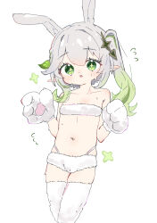 Rule 34 | 1girl, animal ear fluff, animal ears, animal hands, bare shoulders, bikini, breasts, extra ears, flying sweatdrops, fur bikini, fur thighhighs, genshin impact, gloves, gradient hair, green eyes, green hair, highres, leaf, long hair, looking at viewer, multicolored hair, nahida (genshin impact), navel, open mouth, paw gloves, pointy ears, rabbit ears, rabbit girl, side ponytail, small breasts, solo, stomach, swimsuit, thighhighs, thighs, white gloves, white hair, white thighhighs, youyoukai