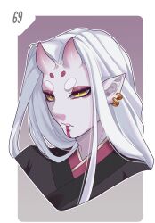 Rule 34 | 1boy, black kimono, colored skin, cropped shoulders, earrings, gradient background, grey skin, highres, horns, japanese clothes, jewelry, kimono, long hair, male focus, mergo (mergoartworks), orange eyes, original, shiny skin, skin-covered horns, solo, teeth, white hair