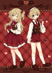 Rule 34 | 1boy, 1girl, blonde hair, blue eyes, blush, brown vest, chocolate, collared shirt, full body, hat, heart, highres, long hair, looking at viewer, matching outfits, one eye closed, original, red shorts, red skirt, rii (pixiv11152329), shirt, short hair, shorts, siblings, skirt, twins, vest, white shirt