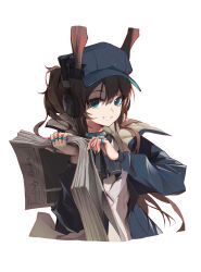 Rule 34 | 1girl, 9am9i, absurdres, amiya (arknights), amiya (newsgirl) (arknights), animal ear fluff, animal ears, arknights, black hat, black jacket, blue eyes, brown hair, cabbie hat, commentary, cropped torso, hair between eyes, hands up, hat, headphones, highres, holding, holding newspaper, jacket, jewelry, long hair, long sleeves, looking at viewer, newspaper, open clothes, open jacket, ponytail, puffy long sleeves, puffy sleeves, rabbit ears, ring, shirt, simple background, smile, solo, upper body, very long hair, white background, white shirt