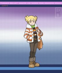 Rule 34 | 1boy, adapted costume, bag, barry (pokemon), bidoof, blonde hair, brown bag, brown footwear, brown pants, buttons, character print, commentary, copyright name, creatures (company), dreambig, fur-trimmed jacket, fur trim, game freak, gen 4 pokemon, green scarf, grin, hand in pocket, highres, holding strap, jacket, male focus, messenger bag, nintendo, open clothes, open jacket, orange eyes, pants, pokemon, pokemon (creature), pokemon bdsp, scarf, shirt, shoes, short hair, shoulder bag, smile, standing, teeth