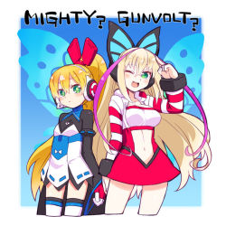 Rule 34 | 2girls, ;), azure striker gunvolt, blonde hair, blush, call (mighty no. 9), call f, commentary, cosplay, costume switch, creator connection, cropped legs, crossover, english text, gloves, green eyes, hair ornament, headphones, headset, long hair, long sleeves, lumen (gunvolt), midriff, mighty no. 9, multiple girls, natsume yuji, natsume yuuji, navel, official art, one eye closed, open mouth, ponytail, salute, skirt, smile, striped, striped sleeves, thighhighs, wide sleeves