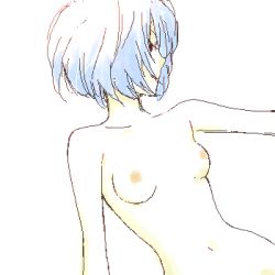 Rule 34 | 1girl, ayanami rei, blue hair, breasts, completely nude, gen (susono01), lowres, neon genesis evangelion, nipples, nude, oekaki, out-of-frame censoring, pale skin, red eyes, short hair, small breasts, solo