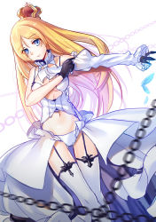 Rule 34 | 1girl, absurdres, aer (tengqiu), bare shoulders, black gloves, blonde hair, blue eyes, blurry, breasts, chain, crown, depth of field, dressing, dutch angle, garter straps, gloves, highres, lion (warship girls r), long hair, looking at viewer, midriff, showgirl skirt, solo, stomach, thighhighs, warship girls r, white thighhighs