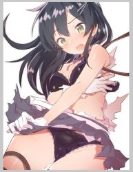 Rule 34 | 1girl, black bra, black hair, black panties, black skirt, blush, bra, breasts, caburi, cleavage, cowboy shot, gloves, grey eyes, hair between eyes, hair ornament, hairclip, highres, kantai collection, nose blush, open mouth, oyashio (kancolle), panties, pleated skirt, simple background, skirt, solo, thigh strap, torn clothes, underwear, vest, white background, white gloves