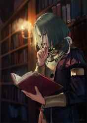 Rule 34 | 1boy, backlighting, bishounen, blue eyes, book, bookshelf, candle, commentary request, fire emblem, fire emblem: three houses, garreg mach monastery uniform, green hair, hair over shoulder, hair ribbon, hand on own chin, holding, holding book, indoors, library, linhardt von hevring, long hair, long sleeves, low ponytail, male focus, nintendo, open book, parted bangs, reading, ribbon, school uniform, signature, solo, suda ayaka, upper body, white ribbon