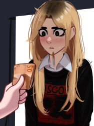 Rule 34 | 1girl, 1other, absurdres, banknote, black eyes, black sweater, blonde hair, blush, cigarette, collar, highres, holding, holding money, implied prostitution, jessie (veyonis), messy hair, money, nervous, nervous sweating, original, print shirt, scared, shirt, sweat, sweatdrop, sweater, trembling, veyonis, white collar, wide-eyed