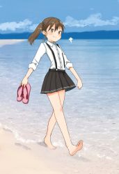 Rule 34 | 1girl, annin musou, bad id, bad twitter id, barefoot, beach, black skirt, blue sky, brown eyes, brown hair, child, cloud, commentary request, day, dress shirt, flat chest, highres, horizon, kantai collection, long hair, long sleeves, looking at viewer, outdoors, pleated skirt, ryuujou (kancolle), sandals, unworn sandals, shikigami, shirt, skirt, sky, smile, solo, suspenders, twintails, walking, waves, white shirt