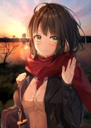 Rule 34 | 1girl, absurdres, bag, black hair, black jacket, blush, breasts, closed mouth, enpera, green eyes, highres, jacket, lens flare, looking at viewer, medium breasts, nagi aoi, necktie, open clothes, open jacket, original, outdoors, red necktie, red scarf, scarf, school bag, school uniform, smile, solo, sunset, upper body, water, waving