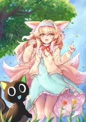 Rule 34 | 1girl, :d, absurdres, animal ears, arknights, black cat, blonde hair, blue dress, blue hairband, blue sky, cardigan, cat, dress, feet out of frame, flower, fox ears, fox girl, fox tail, frilled hairband, frills, green eyes, hair down, hairband, hands up, highres, long hair, long sleeves, looking at viewer, luo xiaohei, multicolored hair, open cardigan, open clothes, open mouth, orange flower, outdoors, sky, smile, solo, streaked hair, suzuran (arknights), tail, teeth, luo xiaohei zhanji, tree, upper teeth only, utinokofia, white hair, yellow cardigan, yellow flower