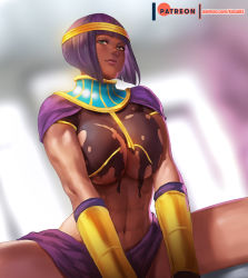 Rule 34 | 1girl, abs, alternate breast size, blunt bangs, bob cut, breasts, capcom, circlet, dark-skinned female, dark skin, dissolving clothes, green eyes, large breasts, light smile, lips, lipstick, looking at viewer, makeup, menat, midriff, navel, no bra, nose, out-of-frame censoring, purple hair, rejean dubois, sarong, short hair, simple background, solo, spread legs, stomach, street fighter, street fighter v, torn clothes, usekh collar, v arms, vambraces, watermark, web address