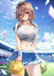 Rule 34 | 1girl, absurdres, blue eyes, blue skirt, blue sky, blurry, blurry background, bra visible through clothes, breasts, brown hair, cheerleader, cloud, confetti, cowboy shot, crop top, day, gluteal fold, go-toubun no hanayome, highres, karory, large breasts, long hair, midriff, miniskirt, nakano miku, navel, open mouth, outdoors, pleated skirt, pom pom (cheerleading), shirt, skirt, sky, solo, stomach, sweat, thighs, tied shirt, white shirt
