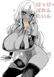 Rule 34 | asanagi, bikini, breasts, chocolate, fingerless gloves, gloves, heart, highres, japanese text, large breasts, loincloth, long hair, looking at viewer, monochrome, original, sitting, skindentation, string bikini, swimsuit, thighhighs, thighs, valentine&#039;s day, white background