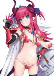 Rule 34 | 10s, 1girl, absurdres, armor, asymmetrical sleeves, bikini armor, black thighhighs, blue eyes, blunt bangs, bra, cape, choker, collarbone, detached sleeves, earrings, elizabeth bathory (fate), fate/extra, fate/extra ccc, fate (series), floating hair, gloves, groin, hair between eyes, hairband, hand on own hip, head tilt, highres, holding, holding shield, holding sword, holding weapon, horns, jewelry, laika (sputnik2nd), long hair, looking at viewer, midriff, navel, over shoulder, panties, pauldrons, pink hair, pointy ears, red bra, red panties, shield, shiny clothes, shoulder armor, simple background, solo, standing, stomach, sword, sword over shoulder, thighhighs, underwear, uneven sleeves, weapon, weapon over shoulder, white background, white cape