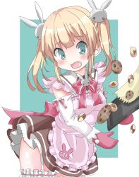 Rule 34 | 1girl, apron, blonde hair, blush, breasts, brown shirt, brown skirt, checkerboard cookie, chocolate chip cookie, collared shirt, commentary request, cookie, detached sleeves, fang, food, frilled apron, frills, green background, green eyes, hair ornament, hamada pengin, head tilt, highres, long hair, long sleeves, medium breasts, open mouth, original, oven mitts, pink apron, pleated skirt, rabbit hair ornament, shirt, sidelocks, skirt, solo, twintails, two-tone background, white background