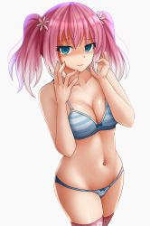 Rule 34 | 1girl, aqua eyes, bare arms, bare shoulders, blue bow, blue bra, blue panties, blush, bow, bow bra, bow panties, bra, breasts, cleavage, collarbone, commentary, cowboy shot, empty eyes, english commentary, gradient hair, hands up, highres, hiiragi nana, kazenokaze, looking at viewer, medium breasts, multicolored hair, munou na nana, navel, panties, parted lips, pink hair, pink thighhighs, red pupils, shaded face, short hair, short twintails, solo, stomach, striped bra, striped clothes, striped panties, thighhighs, twintails, underwear, underwear only, white hair