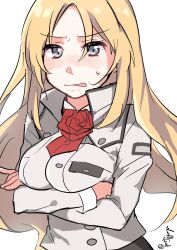 Rule 34 | 1girl, ascot, blonde hair, blue eyes, breasts, crossed arms, flower, highres, jacket, kantai collection, large breasts, long hair, military jacket, military uniform, nelson (kancolle), niina (purin gyunyu), one-hour drawing challenge, red ascot, red flower, red rose, rose, simple background, solo, twitter username, uniform, upper body, white background, white jacket, wince