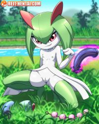 Rule 34 | 1girl, anal beads, butt plug, cleft of venus, creatures (company), day, dildo, flat chest, full body, furry, game freak, gen 3 pokemon, grass, green hair, green thighhighs, highres, kirlia, looking at viewer, nintendo, nipples, nude, outdoors, pokemon, pokemon (creature), pussy, pussy juice, red eyes, reit, river, sex toy, short hair, smile, solo, squatting, thighhighs, uncensored, water