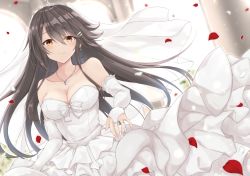Rule 34 | 1girl, black hair, blush, breasts, cleavage, collarbone, dress, earrings, elbow gloves, fingernails, gensoukitan, gloves, hair between eyes, hair ornament, hairclip, haruna (kancolle), jewelry, kantai collection, large breasts, long hair, necklace, orange eyes, petals, ring, rose petals, sleeveless, sleeveless dress, smile, solo, wedding band, wedding dress, white dress, white gloves