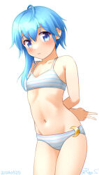 Rule 34 | 1girl, ahoge, arms behind back, asymmetrical hair, bikini, blue eyes, blue hair, cowboy shot, crescent, crescent pin, groin, kantai collection, looking at viewer, minazuki (kancolle), navel, one-hour drawing challenge, ray.s, short hair, short hair with long locks, simple background, smile, solo, striped bikini, striped clothes, swimsuit, v, white background, white bikini