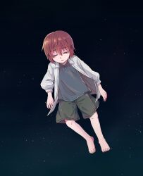 Rule 34 | 1girl, absurdres, barefoot, child, closed eyes, delfuze, floating, full body, green shorts, grey shirt, hatori chise, highres, jacket, mahou tsukai no yome, open clothes, open jacket, parted lips, red hair, shirt, short hair, shorts, solo, white jacket