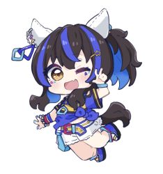 Rule 34 | 1girl, ;d, animal ears, black hair, blue footwear, blue hair, blue nails, blue shirt, blush, bracelet, brown eyes, chibi, commentary request, daitaku helios (umamusume), facial mark, fang, full body, hair between eyes, hair ornament, hairclip, hand up, highres, horse ears, horse girl, horse tail, jewelry, multicolored hair, multicolored nails, nail polish, nozo (hitomiz), one eye closed, open mouth, ponytail, shirt, shoes, short shorts, short sleeves, shorts, simple background, smile, solo, star (symbol), star hair ornament, streaked hair, tail, tied shirt, umamusume, v, white background, white shorts, wide sleeves