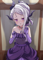 Rule 34 | 1girl, black horns, blue archive, blush, demon horns, dress, elbow gloves, gloves, highres, hina (blue archive), hina (dress) (blue archive), horns, jewelry, long hair, looking at viewer, multiple horns, necklace, official alternate costume, official alternate hairstyle, parted lips, pendant, purple dress, purple eyes, purple gloves, sekishoku manboo, solo, strapless, strapless dress, white hair