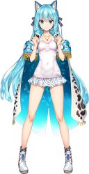 Rule 34 | 1girl, animal ear fluff, animal ears, bare legs, blue eyes, blue hair, breasts, cape, clenched hands, closed mouth, covered navel, hands up, highres, inflatable armbands, jewelry, long hair, looking at viewer, nijisanji, nyatsuki (virtuareal), official art, one-piece swimsuit, pendant, small breasts, solo, standing, swimsuit, swimsuit skirt, tachi-e, tauyuki saema, transparent background, very long hair, virtual youtuber, virtuareal, white footwear, white one-piece swimsuit