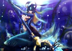 Rule 34 | 1girl, absurdres, breasts, bubble, center opening, cleavage, deathklovc, headdress, highres, jewelry, large breasts, league of legends, mermaid, monster girl, nami (league of legends), necklace, open mouth, red eyes, scales, signature, solo, staff, tail, underwater, watermark, weapon