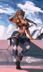 Rule 34 | 10s, 1girl, abs, armpits, blue eyes, breasts, brown hair, cleavage, cloud, cloudy sky, concept art, covered erect nipples, cutesexyrobutts, dark-skinned female, dark skin, deviantart, em8er, female focus, fingerless gloves, full body, gloves, highres, jacket, large breasts, logo, looking to the side, mecha suit, muscular, muscular female, navel, open clothes, open jacket, parted lips, pilot, pilot suit, pinup (style), pinup girl, promotional art, puffy sleeves, science fiction, short hair, sky, solo, sports bra, sunglasses, sunglasses on head, thick thighs, thighs, unzipped, unzipped bodysuit, yellow gloves