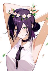 Rule 34 | 1girl, armpits, arms behind head, arms up, ateoyh, bare arms, bare shoulders, black choker, chainsaw man, choker, commentary request, flower, green eyes, hair between eyes, highres, looking at viewer, purple hair, reze (chainsaw man), seductive smile, shirt, short hair, sleeveless, sleeveless shirt, smile, solo, upper body, white flower, white shirt