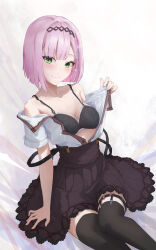 Rule 34 | 1girl, absurdres, arm at side, bare shoulders, black hairband, black thighhighs, blush, bob cut, breasts, bright pupils, brown skirt, cleavage, closed mouth, collarbone, commentary, eyelashes, feet out of frame, green eyes, grey background, hair between eyes, hair ornament, hairband, hairclip, hand up, heart o-ring, high-waist skirt, highres, lace, lace-trimmed skirt, lace trim, looking at viewer, medium breasts, o-ring, o-ring thigh strap, open clothes, open shirt, pink hair, pleated skirt, presenting, qiuxi0916, school uniform, shirt, short hair, short sleeves, simple background, sitting, skirt, smile, solo, split mouth, straight hair, suspender skirt, suspenders, tanikaze amane, tenshi souzou re-boot!, thigh strap, thighhighs, tsurime, undressing, white shirt, x hair ornament, zettai ryouiki