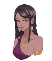 Rule 34 | 1girl, absurdres, armlet, artist name, black hair, blue eyes, closed mouth, cocoyashin, commentary, cropped torso, earrings, english commentary, highres, jewelry, long hair, looking at viewer, necklace, nico robin, one piece, one piece film: z, purple shirt, shirt, sidelocks, simple background, single-shoulder shirt, smile, solo, straight hair, white background