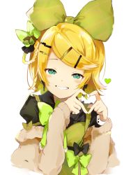 Rule 34 | 1girl, aqua eyes, bad id, bad twitter id, black bow, black bowtie, black shirt, blonde hair, bow, bowtie, brown sleeves, commentary, green bow, green bowtie, grin, hair bow, hair ornament, hairclip, half-closed eyes, heart, heart hands, highres, kagamine rin, light blush, looking at viewer, oyamada gamata, shirt, short hair, simple background, smile, solo, swept bangs, symbol-only commentary, upper body, vocaloid, white background