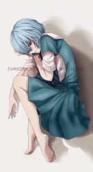 Rule 34 | 1girl, ayanami rei, barefoot, blue dress, blue hair, commentary, curled up, dress, from above, from side, highres, hoshi san 3, looking at viewer, looking to the side, neck ribbon, neon genesis evangelion, pale skin, pleated dress, red eyes, red ribbon, ribbon, shirt, short sleeves, sideways glance, smile, solo, white shirt