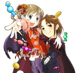 Rule 34 | 1boy, 1girl, bow, brown hair, candy, cape, cecile (suikoden), dress, fangs, food, food-themed hair ornament, formal, gensou suikoden, gensou suikoden iii, hair ornament, halloween, jack-o&#039;-lantern, kazune, panties, pantyshot, pumpkin, pumpkin hair ornament, simple background, skirt, suit, thighhighs, thomas (suikoden), underwear, upskirt, vampire, white background, zettai ryouiki