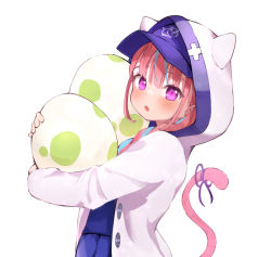 Rule 34 | 1girl, animal hood, baseball cap, cat hood, cat tail, egg, hat, holding, holding egg, hololive, hood, jacket, looking at viewer, minato aqua, minato aqua (sailor), multicolored hair, open clothes, open jacket, open mouth, pink eyes, pink hair, ribbon, satsukl 5, simple background, solo, streaked hair, tail, tail ornament, tail ribbon, upper body, virtual youtuber, white background