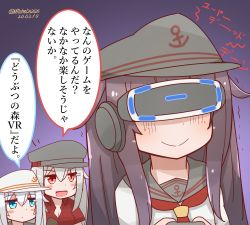 Rule 34 | 3girls, akatsuki (kancolle), anchor symbol, blue eyes, blush stickers, breasts, cleavage, commentary request, controller, dated, flat cap, game controller, gangut (kancolle), hat, head-mounted display, hibiki (kancolle), ichininmae no lady, kantai collection, medium breasts, mitchell (dynxcb25), multiple girls, playstation vr, purple hair, red eyes, school uniform, serafuku, silver hair, translation request, trembling, twitter username, verniy (kancolle)