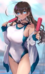 Rule 34 | 1girl, bad id, bad pixiv id, black hair, blue eyes, breasts, competition swimsuit, cowboy shot, dark-skinned female, dark skin, food, foreshortening, goggles, goggles around neck, highres, jacket, large breasts, long hair, one-piece swimsuit, open clothes, open jacket, original, popsicle, shino yoshihisa, solo, standing, swimsuit, track jacket, white jacket, white one-piece swimsuit