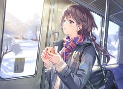 Rule 34 | 1girl, bag, blush, brown hair, cable, coat, commentary, dutch angle, earphones, haru (hiyori-kohal), holding, holding phone, light particles, long hair, long sleeves, looking away, looking outside, low-tied long hair, morning, open clothes, open coat, original, phone, plaid, plaid scarf, purple eyes, scarf, school bag, school uniform, smile, snow, solo, sunlight, sweater, train interior, tree, upper body, winter