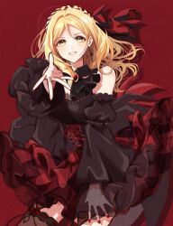 Rule 34 | 1girl, ascot, bare shoulders, black ascot, black dress, black sleeves, blonde hair, braid, commentary, cowboy shot, crown braid, detached sleeves, dress, eyelashes, foreshortening, grin, hair intakes, hand on own thigh, highres, long hair, looking at viewer, love live!, love live! sunshine!!, miniskirt, nail polish, nky4321, ohara mari, plaid, plaid skirt, reaching, reaching towards viewer, red background, red nails, red skirt, simple background, single bang, skirt, smile, solo, unmoving pattern, wide sleeves, yellow eyes