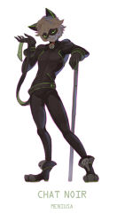 Rule 34 | 1boy, animal ears, artist name, blonde hair, cane, cat ears, catsuit, chat noir, green eyes, male focus, meniusa, miraculous ladybug, neck bell, solo, standing, white background