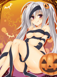 Rule 34 | 1girl, :d, ahoge, aria (koiiroharemoyou), ass, bare shoulders, bat (animal), black ribbon, blush, breasts, closed mouth, collarbone, commentary, curvy, dracu-riot!, elena olegovna owen, furrowed brow, grey hair, hair between eyes, hair ornament, halloween, hand up, highres, index finger raised, large breasts, legs, long hair, looking at viewer, midriff, naked ribbon, open mouth, orange background, pumpkin, pussy, pussy peek, red eyes, ribbon, shadow, shiny skin, sidelocks, skull hair ornament, smile, solo, star (symbol), thighs, twintails, underboob, very long hair, yuzu-soft